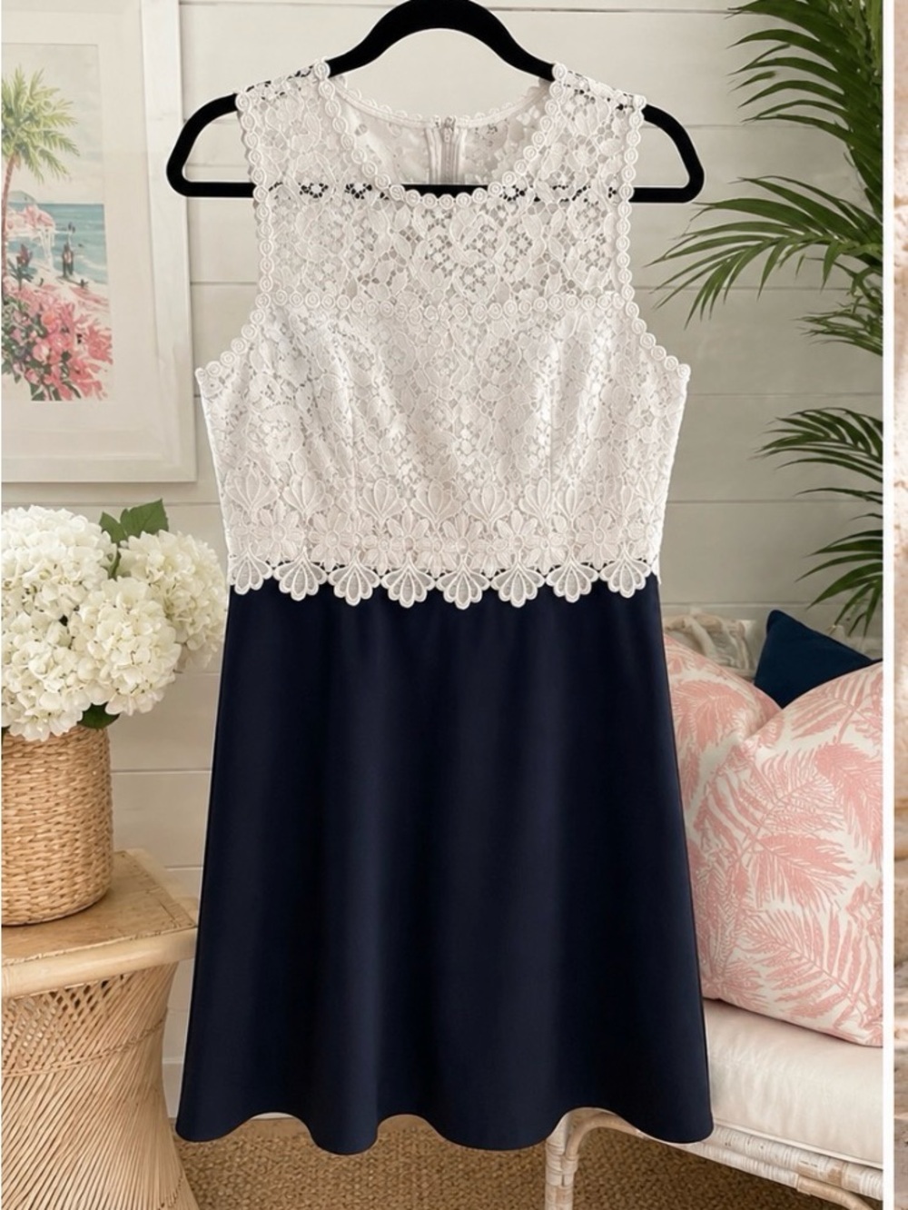 Lilly Pulitzer Carolyn Dress Whi  Lace Navy Sleeveless Shift Dress Style 005452